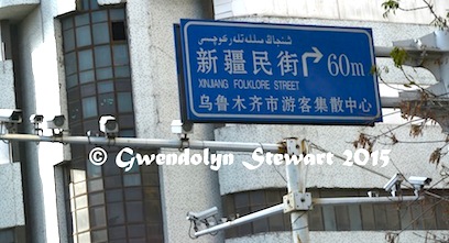 Xinjiang Folklore Street Sign and Surveillance Cameras, Urumqi, Xinjiang, Photographed by Gwendolyn Stewart, c. 2015; All Rights Reserved